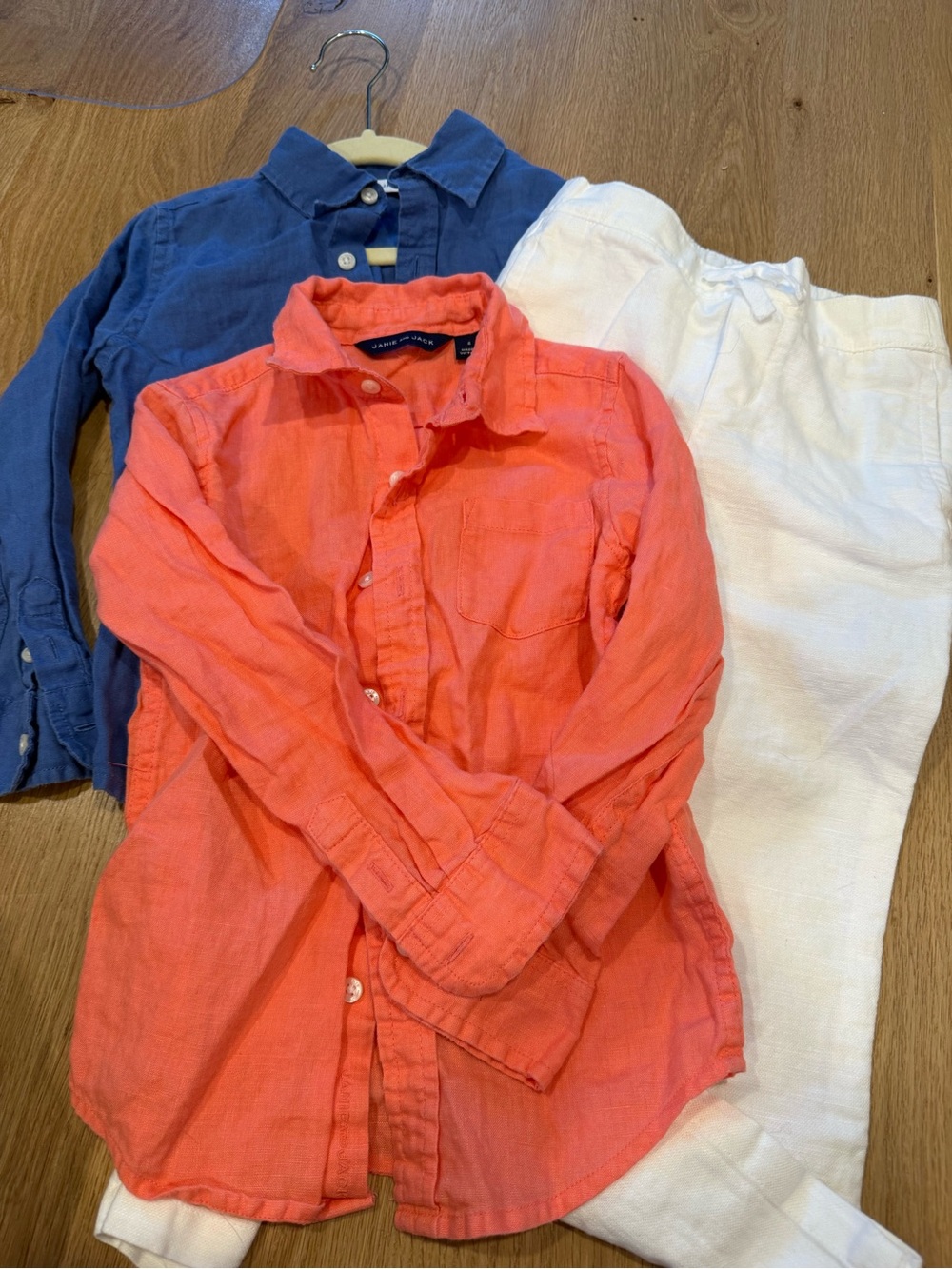 Janie and Jack Coral Button-Down Shirt with Navy Accent and White Pants Set